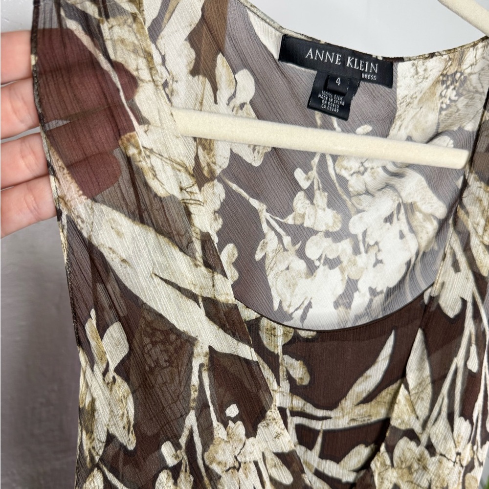 Anne Klein 100% Silk Floral Dress Sleeveless Brown Cream Wrap Waist Midi Dress - Picture 6 of 9